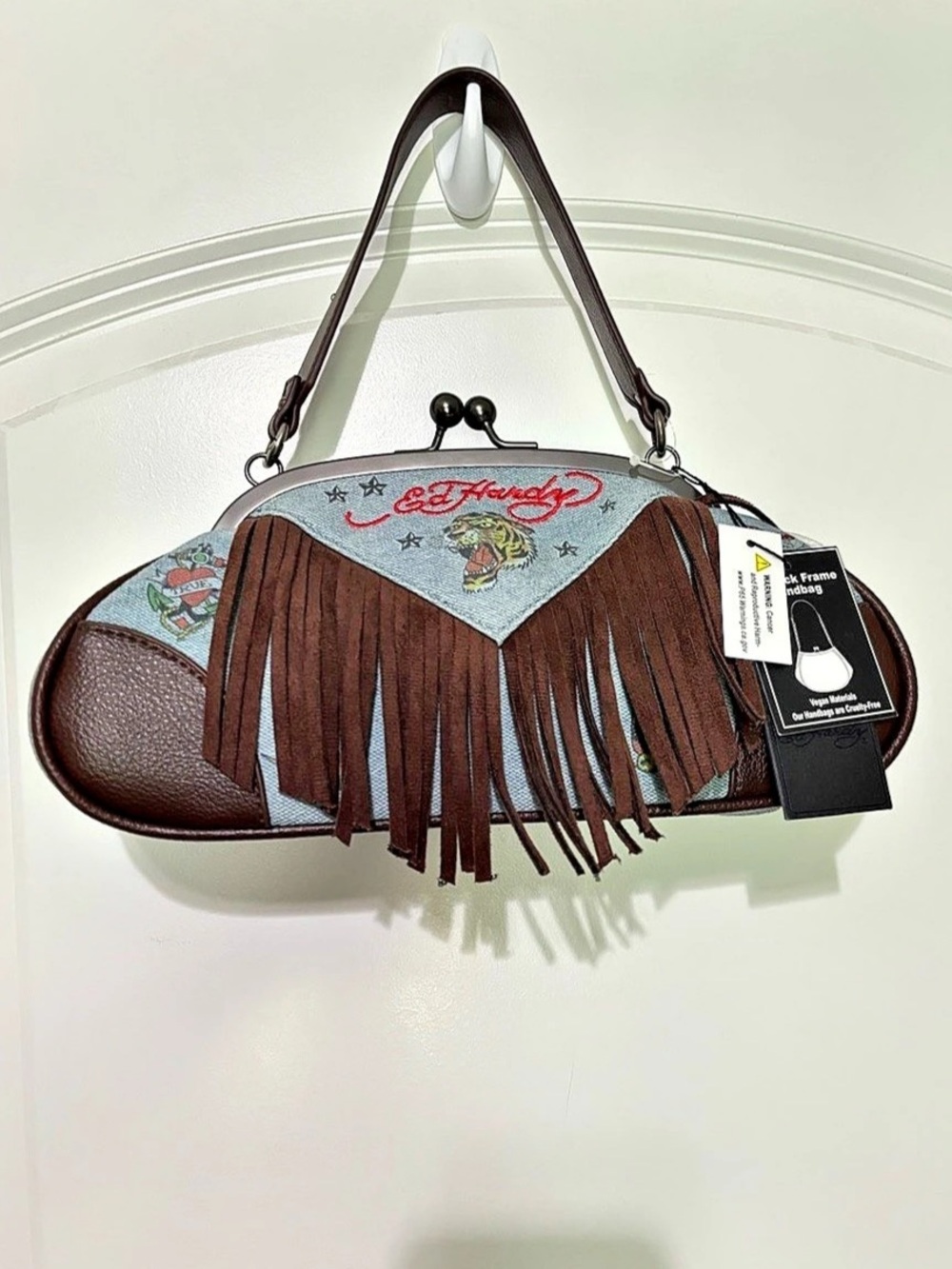 Ed Hardy Fringe Kiss Lock Shoulder Bag in Brown &